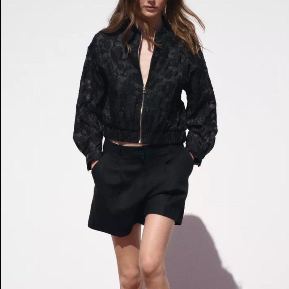 Zara Elegant Black Lace Bomber Jacket